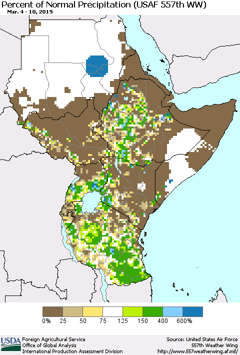 Eastern Africa Percent of Normal Precipitation (USAF 557th WW) Thematic Map For 3/4/2019 - 3/10/2019