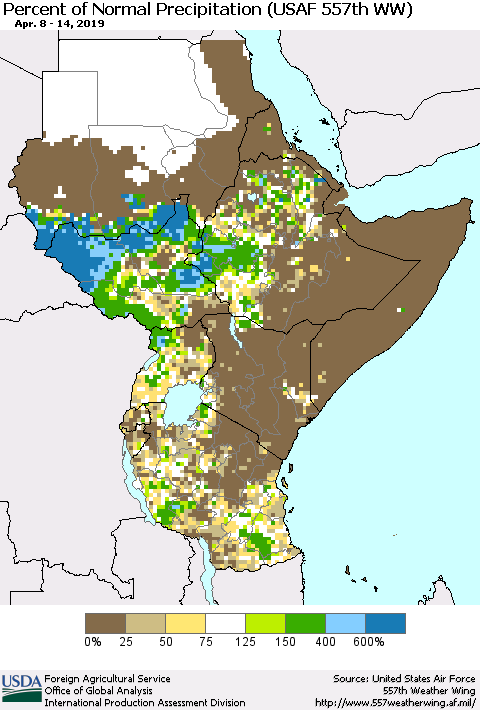 Eastern Africa Percent of Normal Precipitation (USAF 557th WW) Thematic Map For 4/8/2019 - 4/14/2019