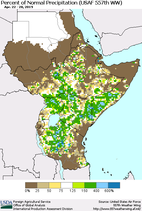 Eastern Africa Percent of Normal Precipitation (USAF 557th WW) Thematic Map For 4/22/2019 - 4/28/2019