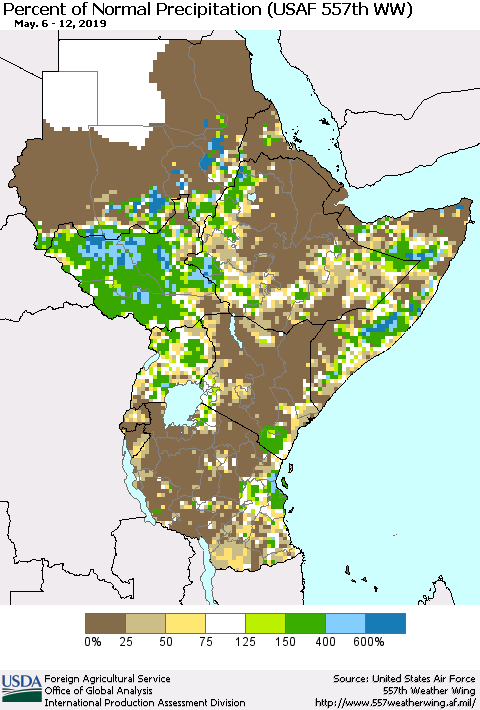 Eastern Africa Percent of Normal Precipitation (USAF 557th WW) Thematic Map For 5/6/2019 - 5/12/2019