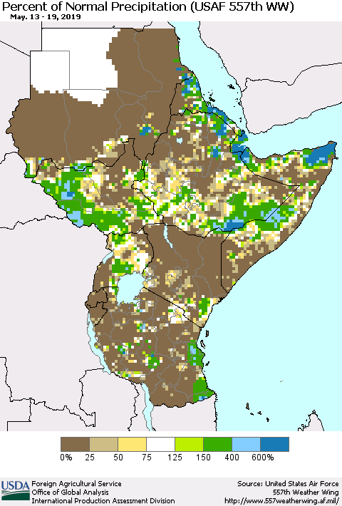 Eastern Africa Percent of Normal Precipitation (USAF 557th WW) Thematic Map For 5/13/2019 - 5/19/2019