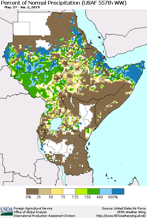 Eastern Africa Percent of Normal Precipitation (USAF 557th WW) Thematic Map For 5/27/2019 - 6/2/2019