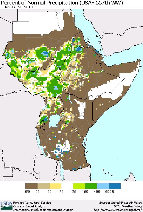 Eastern Africa Percent of Normal Precipitation (USAF 557th WW) Thematic Map For 6/17/2019 - 6/23/2019
