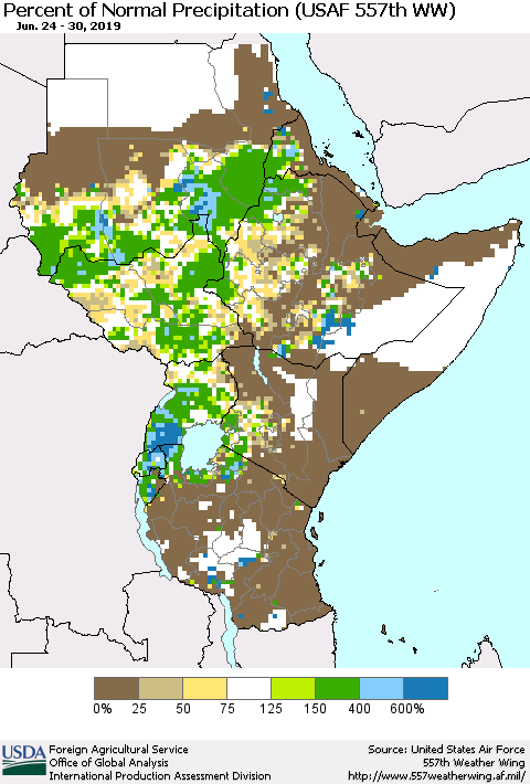 Eastern Africa Percent of Normal Precipitation (USAF 557th WW) Thematic Map For 6/24/2019 - 6/30/2019