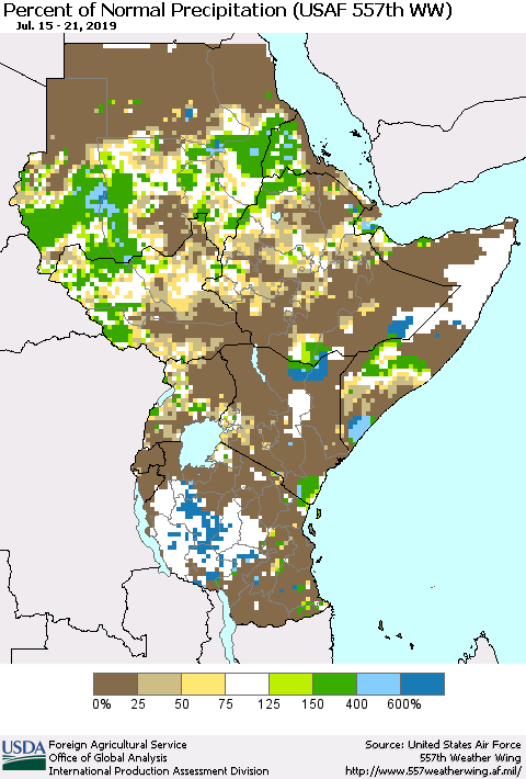 Eastern Africa Percent of Normal Precipitation (USAF 557th WW) Thematic Map For 7/15/2019 - 7/21/2019