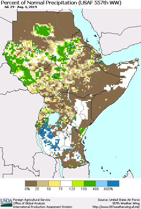 Eastern Africa Percent of Normal Precipitation (USAF 557th WW) Thematic Map For 7/29/2019 - 8/4/2019