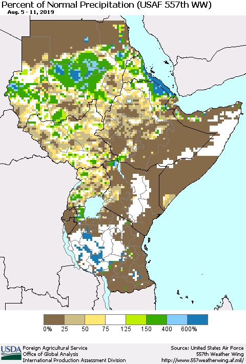 Eastern Africa Percent of Normal Precipitation (USAF 557th WW) Thematic Map For 8/5/2019 - 8/11/2019