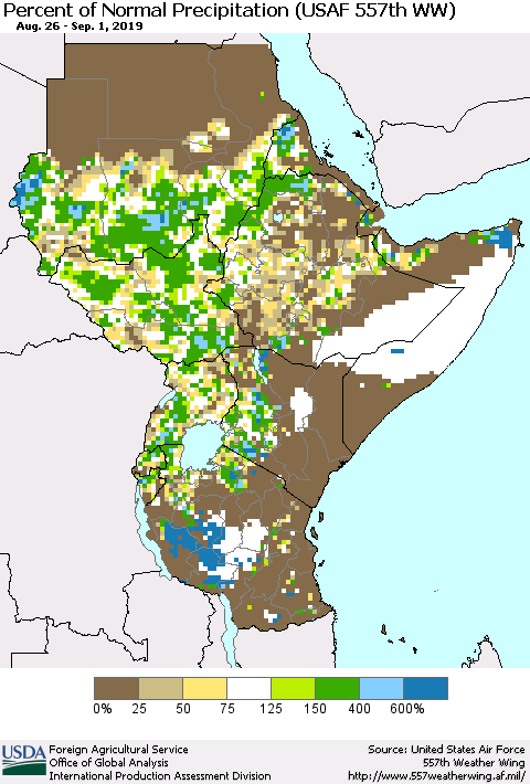 Eastern Africa Percent of Normal Precipitation (USAF 557th WW) Thematic Map For 8/26/2019 - 9/1/2019