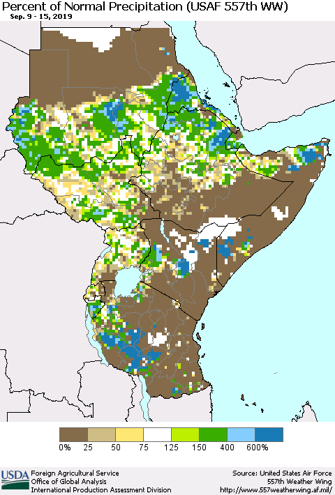 Eastern Africa Percent of Normal Precipitation (USAF 557th WW) Thematic Map For 9/9/2019 - 9/15/2019