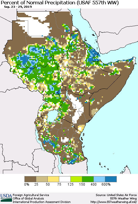 Eastern Africa Percent of Normal Precipitation (USAF 557th WW) Thematic Map For 9/23/2019 - 9/29/2019