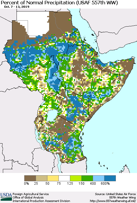 Eastern Africa Percent of Normal Precipitation (USAF 557th WW) Thematic Map For 10/7/2019 - 10/13/2019