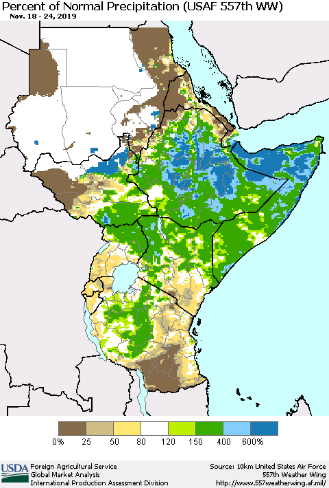 Eastern Africa Percent of Normal Precipitation (USAF 557th WW) Thematic Map For 11/18/2019 - 11/24/2019