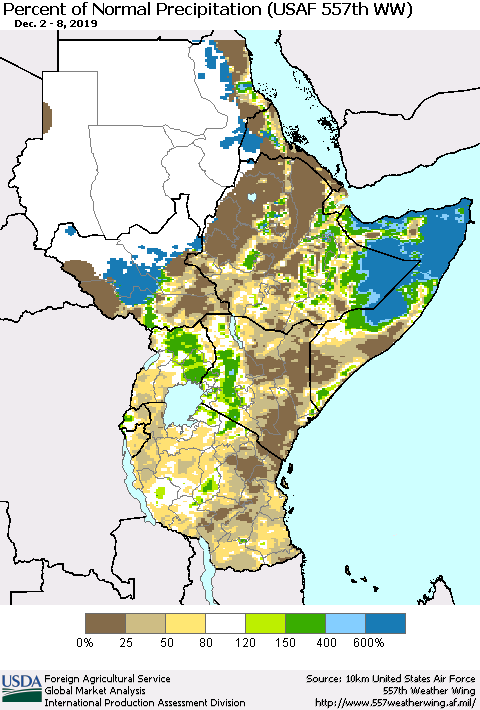 Eastern Africa Percent of Normal Precipitation (USAF 557th WW) Thematic Map For 12/2/2019 - 12/8/2019