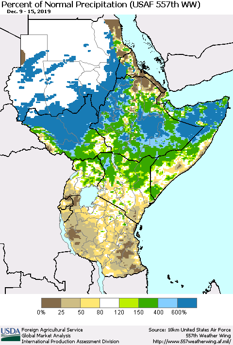 Eastern Africa Percent of Normal Precipitation (USAF 557th WW) Thematic Map For 12/9/2019 - 12/15/2019