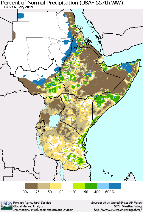 Eastern Africa Percent of Normal Precipitation (USAF 557th WW) Thematic Map For 12/16/2019 - 12/22/2019