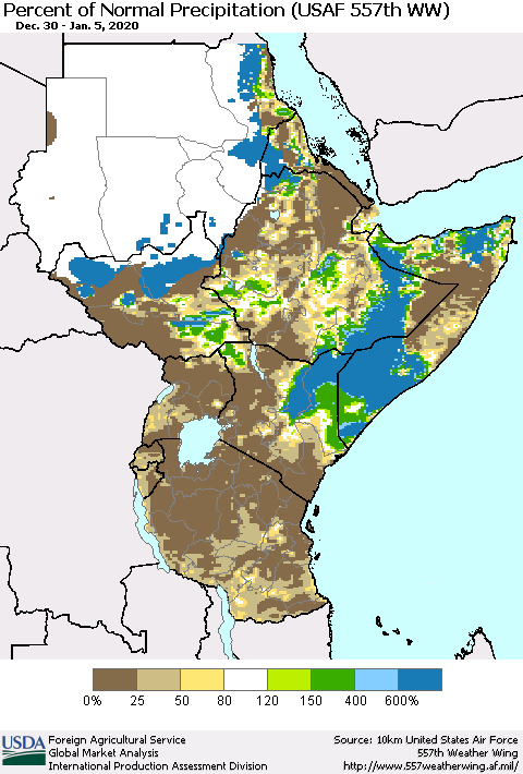 Eastern Africa Percent of Normal Precipitation (USAF 557th WW) Thematic Map For 12/30/2019 - 1/5/2020
