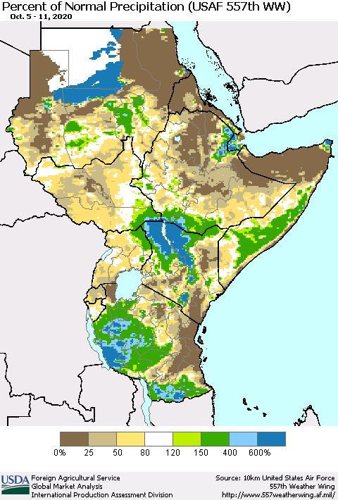Eastern Africa Percent of Normal Precipitation (USAF 557th WW) Thematic Map For 10/5/2020 - 10/11/2020