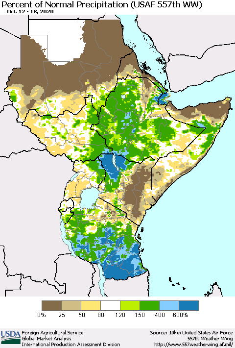 Eastern Africa Percent of Normal Precipitation (USAF 557th WW) Thematic Map For 10/12/2020 - 10/18/2020