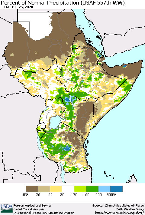 Eastern Africa Percent of Normal Precipitation (USAF 557th WW) Thematic Map For 10/19/2020 - 10/25/2020