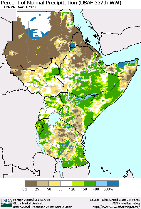 Eastern Africa Percent of Normal Precipitation (USAF 557th WW) Thematic Map For 10/26/2020 - 11/1/2020