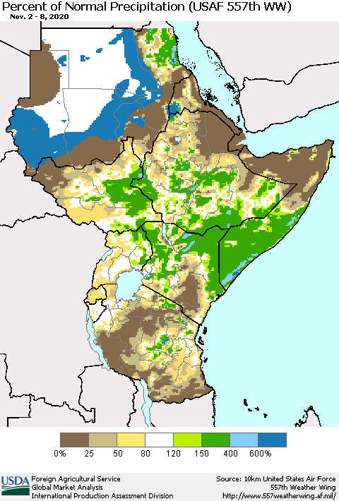 Eastern Africa Percent of Normal Precipitation (USAF 557th WW) Thematic Map For 11/2/2020 - 11/8/2020