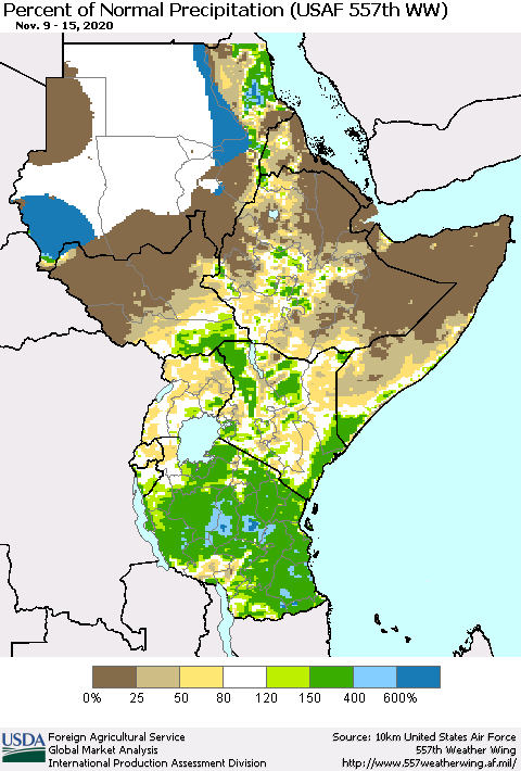Eastern Africa Percent of Normal Precipitation (USAF 557th WW) Thematic Map For 11/9/2020 - 11/15/2020