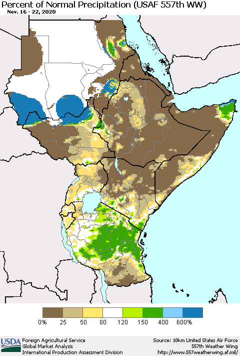 Eastern Africa Percent of Normal Precipitation (USAF 557th WW) Thematic Map For 11/16/2020 - 11/22/2020