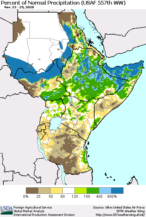 Eastern Africa Percent of Normal Precipitation (USAF 557th WW) Thematic Map For 11/23/2020 - 11/29/2020