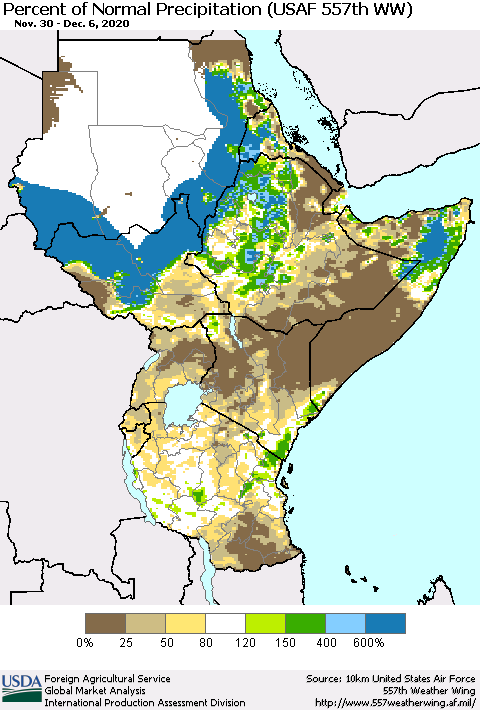 Eastern Africa Percent of Normal Precipitation (USAF 557th WW) Thematic Map For 11/30/2020 - 12/6/2020