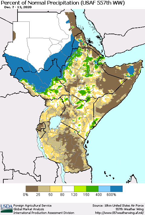 Eastern Africa Percent of Normal Precipitation (USAF 557th WW) Thematic Map For 12/7/2020 - 12/13/2020