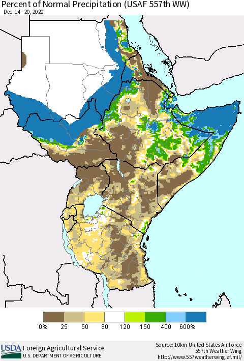 Eastern Africa Percent of Normal Precipitation (USAF 557th WW) Thematic Map For 12/14/2020 - 12/20/2020