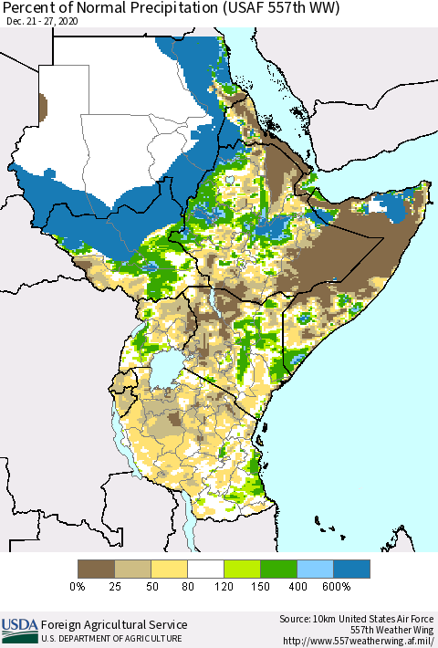 Eastern Africa Percent of Normal Precipitation (USAF 557th WW) Thematic Map For 12/21/2020 - 12/27/2020