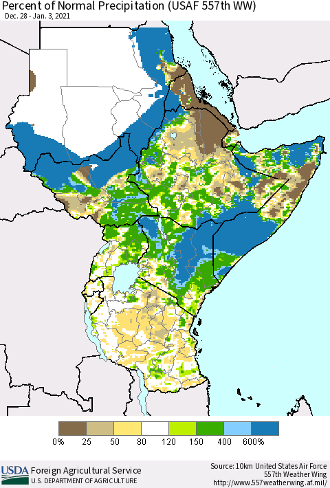 Eastern Africa Percent of Normal Precipitation (USAF 557th WW) Thematic Map For 12/28/2020 - 1/3/2021