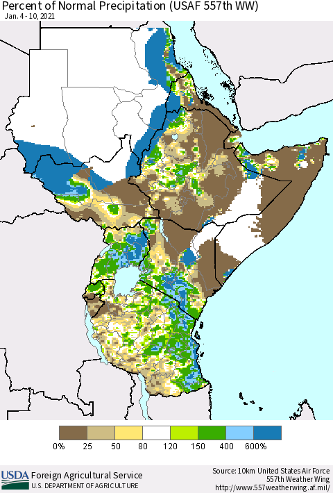 Eastern Africa Percent of Normal Precipitation (USAF 557th WW) Thematic Map For 1/4/2021 - 1/10/2021