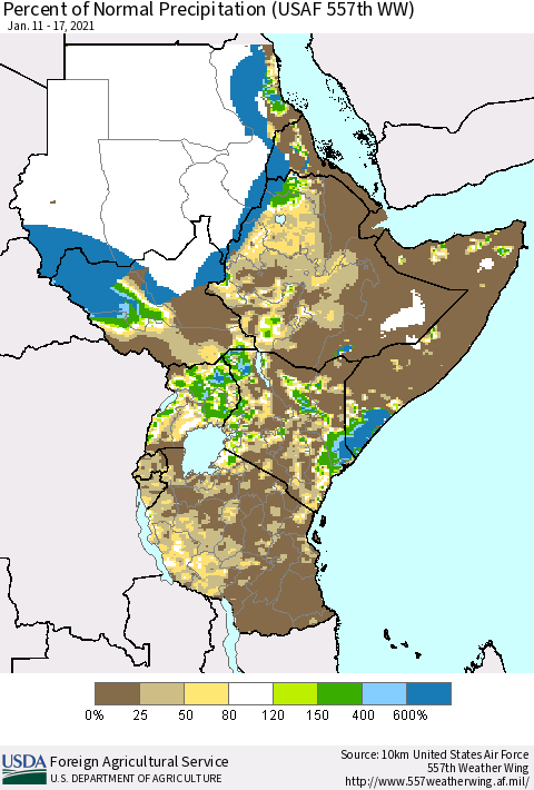 Eastern Africa Percent of Normal Precipitation (USAF 557th WW) Thematic Map For 1/11/2021 - 1/17/2021