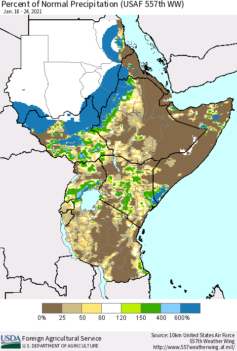 Eastern Africa Percent of Normal Precipitation (USAF 557th WW) Thematic Map For 1/18/2021 - 1/24/2021