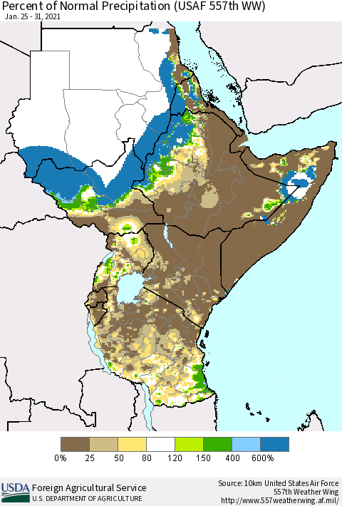 Eastern Africa Percent of Normal Precipitation (USAF 557th WW) Thematic Map For 1/25/2021 - 1/31/2021