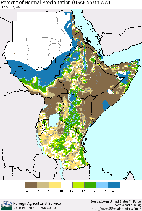 Eastern Africa Percent of Normal Precipitation (USAF 557th WW) Thematic Map For 2/1/2021 - 2/7/2021