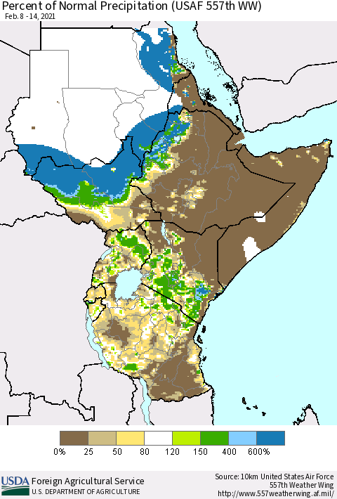 Eastern Africa Percent of Normal Precipitation (USAF 557th WW) Thematic Map For 2/8/2021 - 2/14/2021