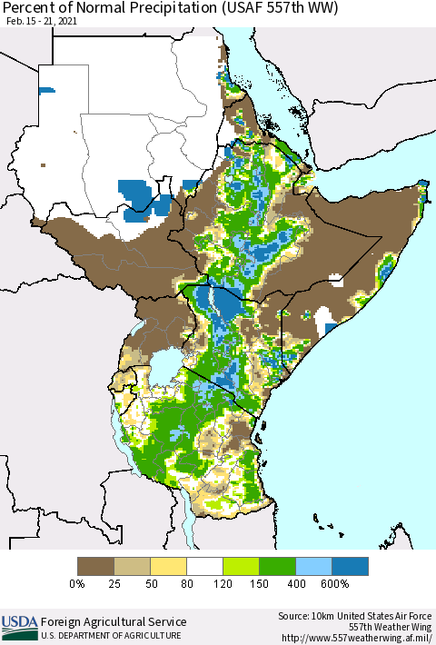 Eastern Africa Percent of Normal Precipitation (USAF 557th WW) Thematic Map For 2/15/2021 - 2/21/2021