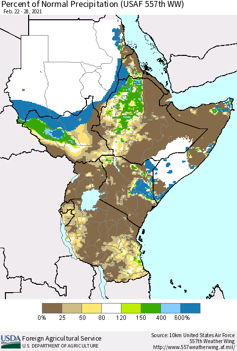 Eastern Africa Percent of Normal Precipitation (USAF 557th WW) Thematic Map For 2/22/2021 - 2/28/2021