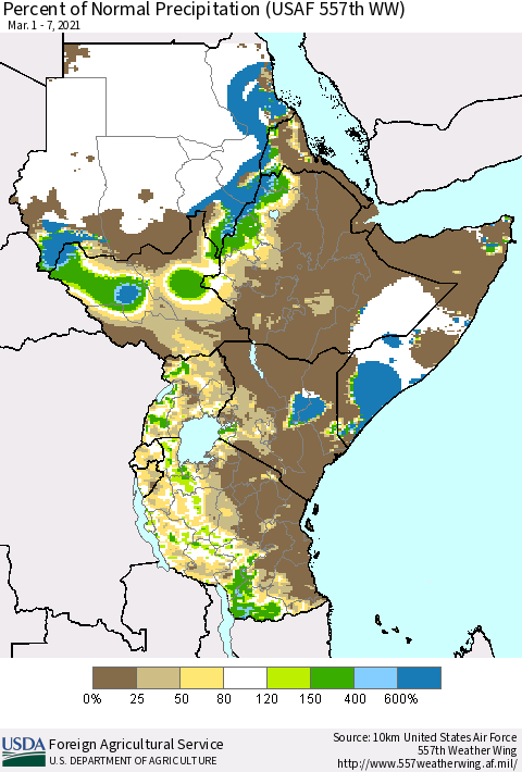 Eastern Africa Percent of Normal Precipitation (USAF 557th WW) Thematic Map For 3/1/2021 - 3/7/2021