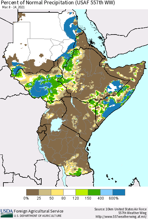 Eastern Africa Percent of Normal Precipitation (USAF 557th WW) Thematic Map For 3/8/2021 - 3/14/2021