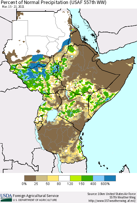 Eastern Africa Percent of Normal Precipitation (USAF 557th WW) Thematic Map For 3/15/2021 - 3/21/2021