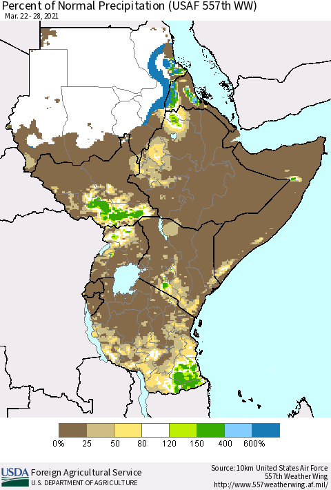 Eastern Africa Percent of Normal Precipitation (USAF 557th WW) Thematic Map For 3/22/2021 - 3/28/2021