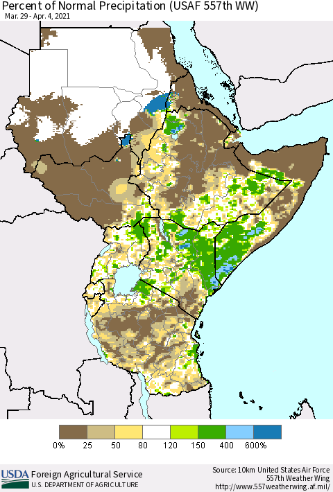 Eastern Africa Percent of Normal Precipitation (USAF 557th WW) Thematic Map For 3/29/2021 - 4/4/2021
