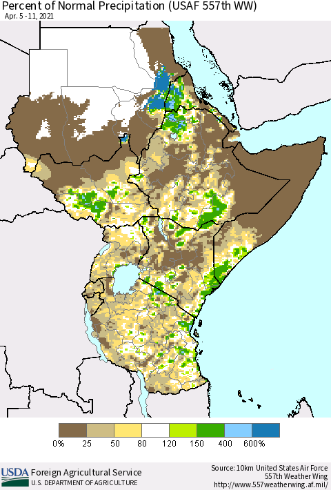Eastern Africa Percent of Normal Precipitation (USAF 557th WW) Thematic Map For 4/5/2021 - 4/11/2021