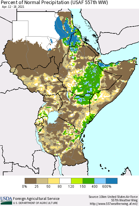 Eastern Africa Percent of Normal Precipitation (USAF 557th WW) Thematic Map For 4/12/2021 - 4/18/2021