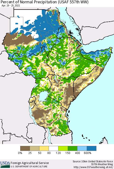 Eastern Africa Percent of Normal Precipitation (USAF 557th WW) Thematic Map For 4/19/2021 - 4/25/2021