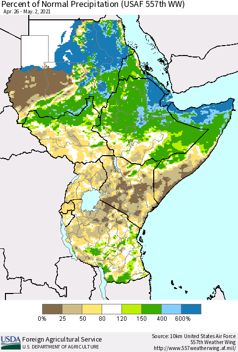 Eastern Africa Percent of Normal Precipitation (USAF 557th WW) Thematic Map For 4/26/2021 - 5/2/2021